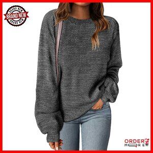 Oversized Pullover Sweater Long Lantern Sleeves Crew Neck Cozy Knit
